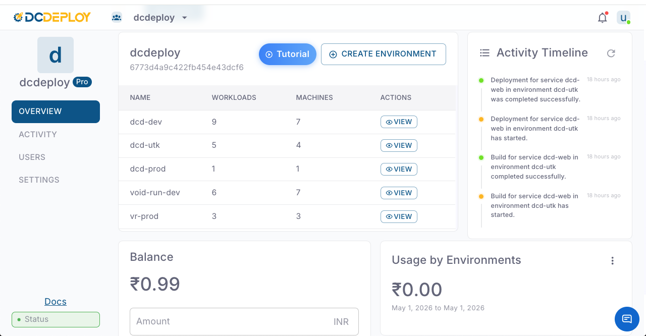 DCDeploy Dashboard Screenshot